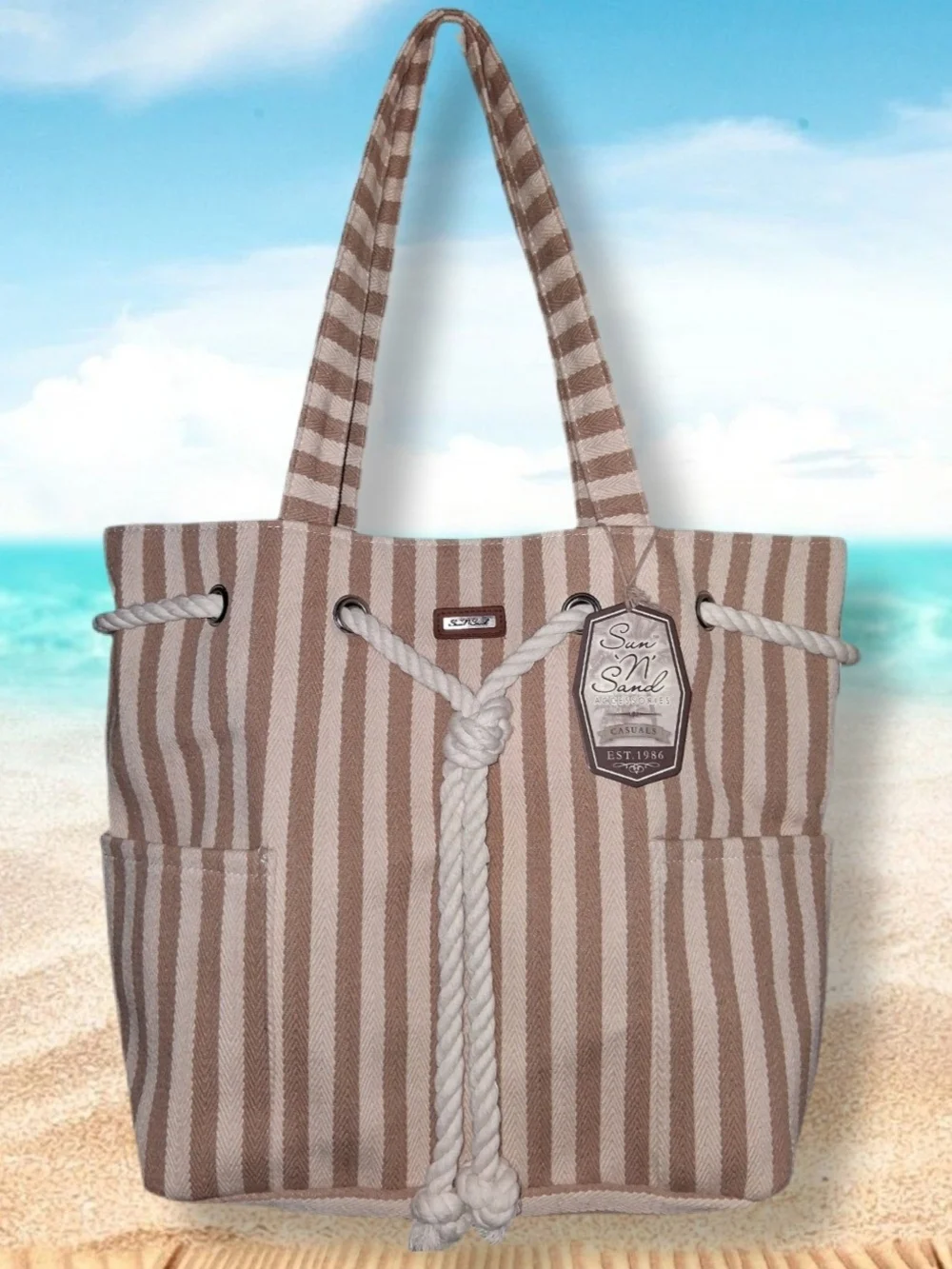 SUN and SAND Cream and Brown Stripe Tote Bag with Rope Closure Detail NWT